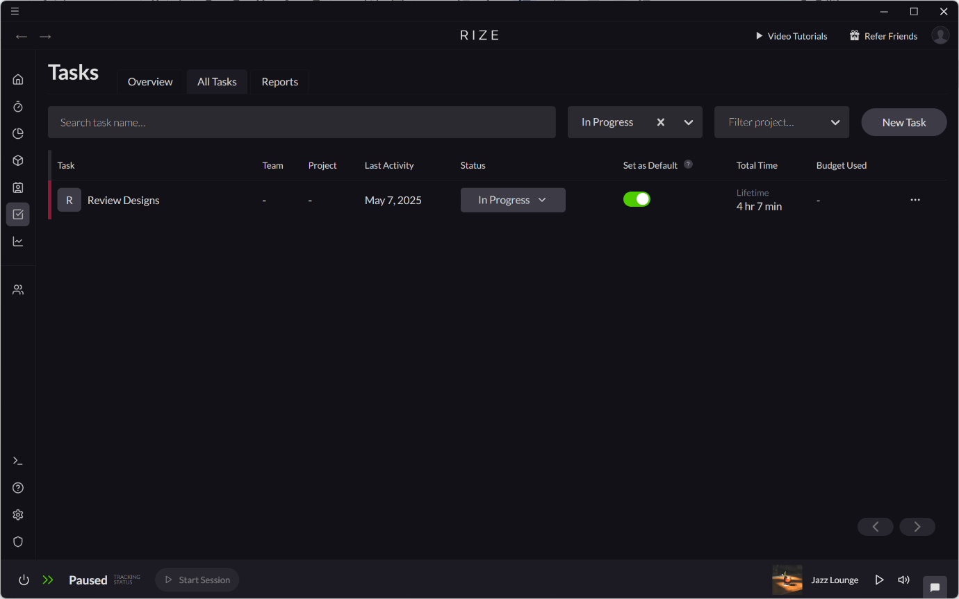 Rize Tasks view showing project-based time tracking with budget tracking for architects