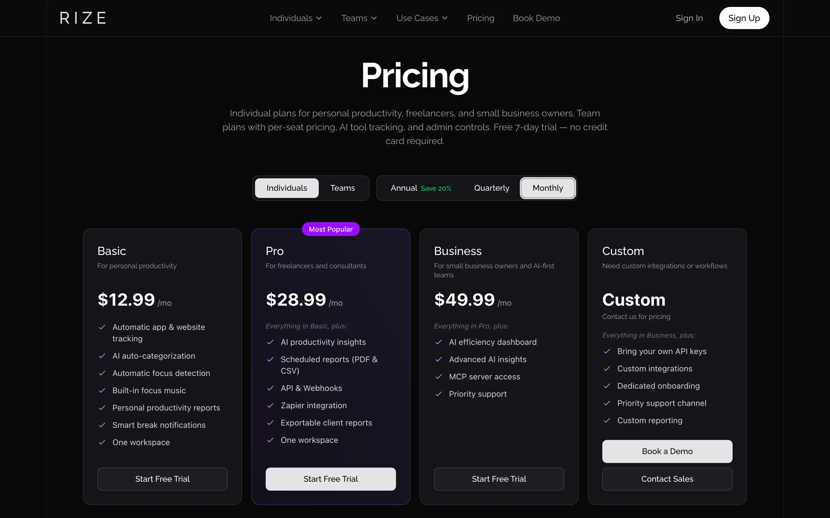 Rize pricing page showing Basic, Pro, Max, and Team plans