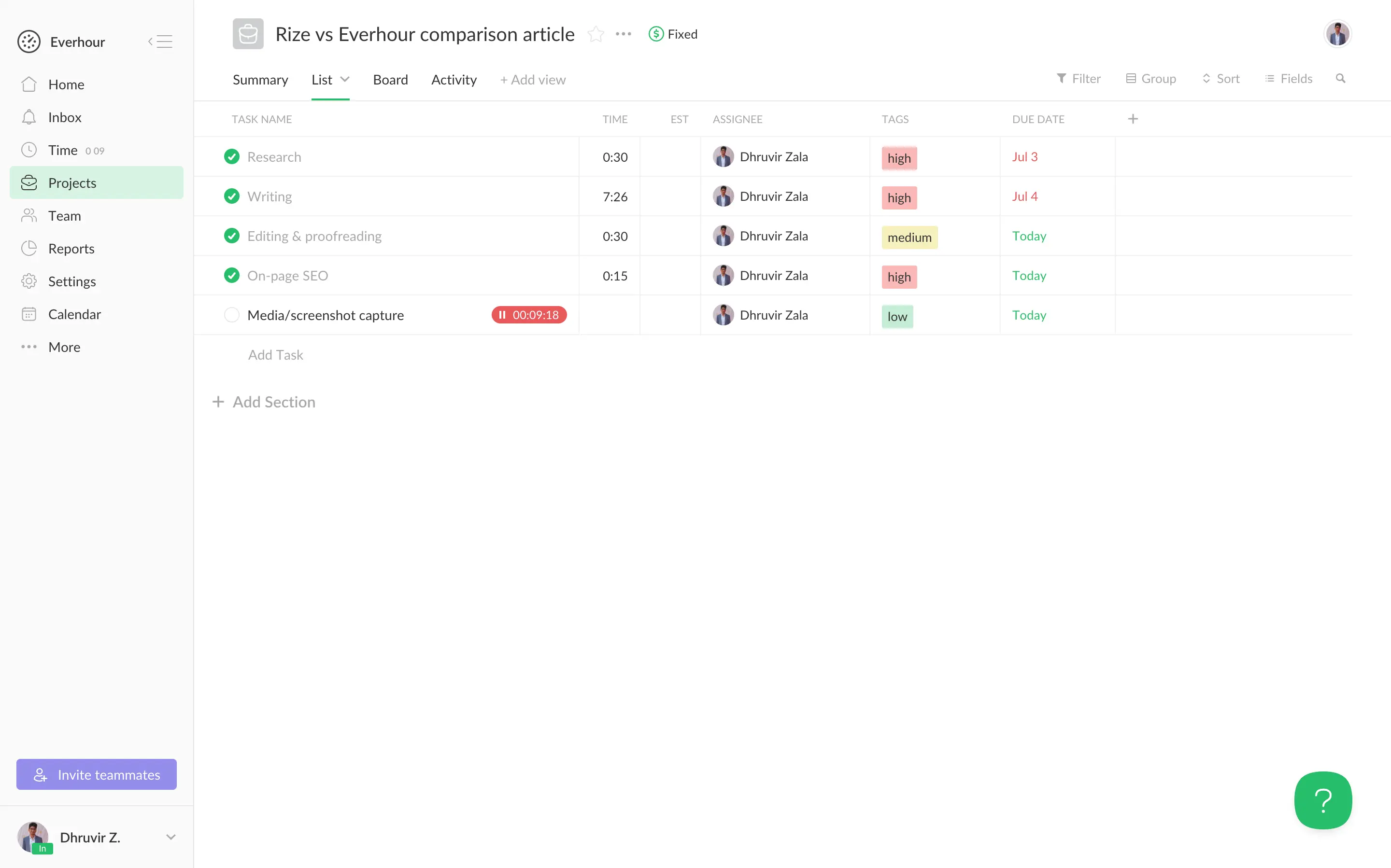 Everhour's project view with tasks, assignees, tags, due dates, and a running timer